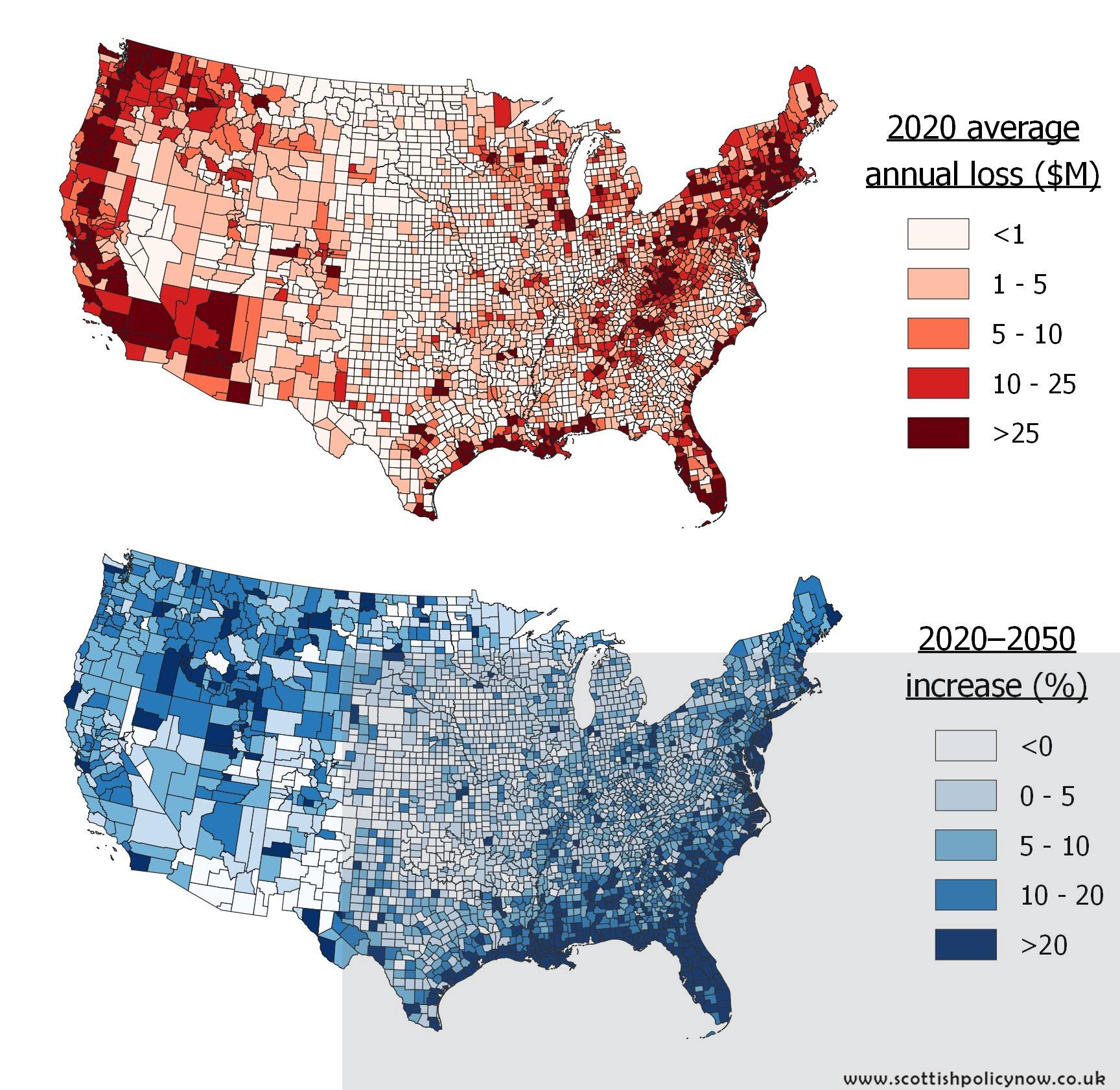 US maps showing predicted flood losses.